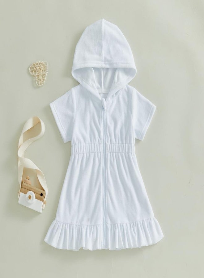 Multitrust Toddler Baby Girls Terry Swim Cover Up Ruffled Hooded Bathing Suit Coverup Zip Up Elastic Waist Beach Cover-Up (White, 1-2T) - Image 3