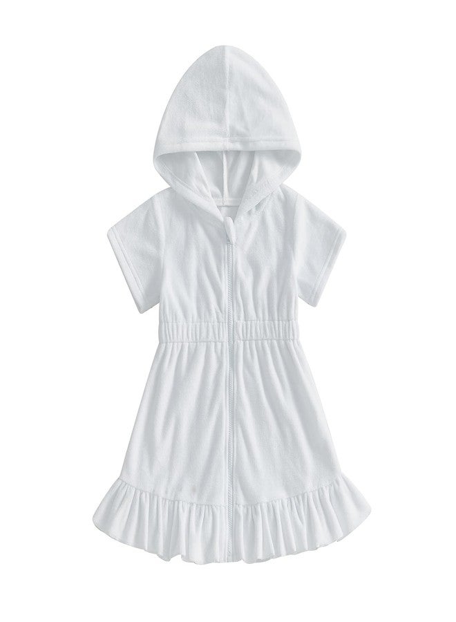 Multitrust Toddler Baby Girls Terry Swim Cover Up Ruffled Hooded Bathing Suit Coverup Zip Up Elastic Waist Beach Cover-Up (White, 1-2T) - Image 1