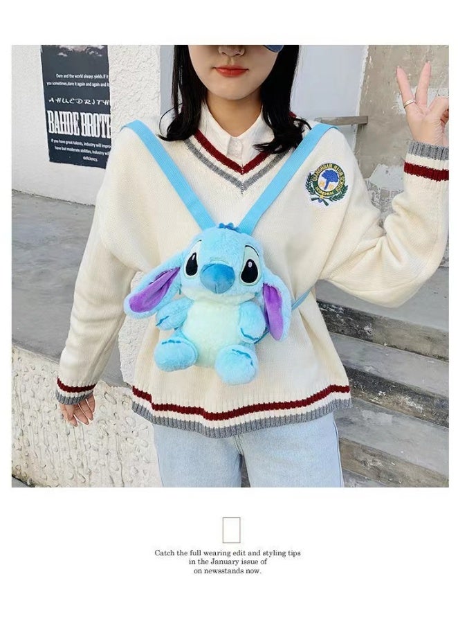 ستيتش حقيبة ظهر من القطيفة، دمية كرتونية، حقيبة ظهر مدرسية باللون الأزرق 28 سم - Image 3