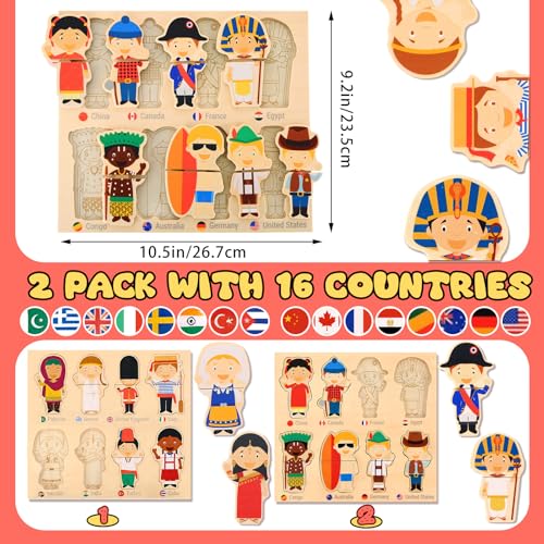 MTWENWENZY 2 Set Wooden World Countries Puzzles for Toddlers 16 Mix and Match Racial Cognition Characters Diversity Educational Toys Multicultural DressUp Peg Puzzle Learning Toy for Boys and Girls - Image 5