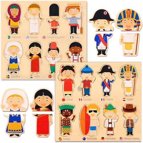 MTWENWENZY 2 Set Wooden World Countries Puzzles for Toddlers 16 Mix and Match Racial Cognition Characters Diversity Educational Toys Multicultural DressUp Peg Puzzle Learning Toy for Boys and Girls - Image 1