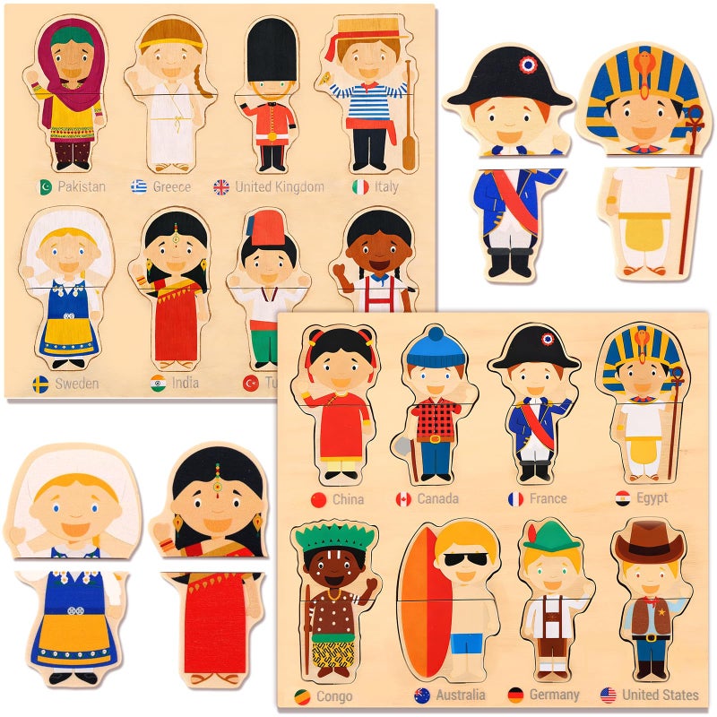 MTWENWENZY 2 Set Wooden World Countries Puzzles for Toddlers 16 Mix and Match Racial Cognition Characters Diversity Educational Toys Multicultural DressUp Peg Puzzle Learning Toy for Boys and Girls - Image 3
