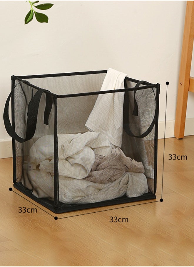 Laundry Hamper Bag Collapsible Mesh Laundry Hamper Foldable Laundry Basket Square Washing Storage Mesh Basket with Handle (Black, 1 Layer)