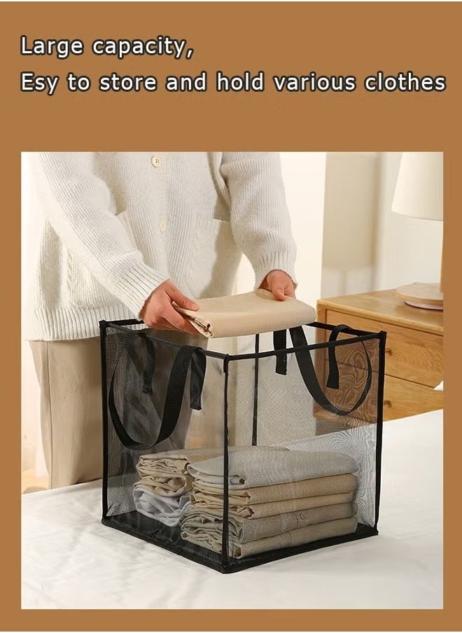 Laundry Hamper Bag Collapsible Mesh Laundry Hamper Foldable Laundry Basket Square Washing Storage Mesh Basket with Handle (Black, 1 Layer)