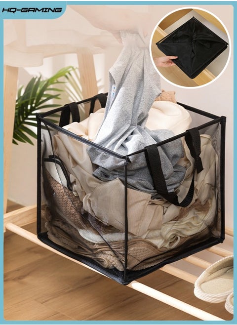 Laundry Hamper Bag Collapsible Mesh Laundry Hamper Foldable Laundry Basket Square Washing Storage Mesh Basket with Handle (Black, 1 Layer)