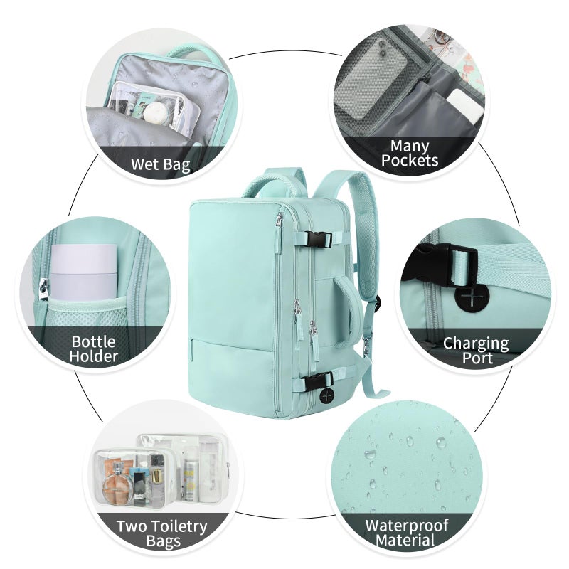 Hanples Large Travel Backpack for Women as Person Item Flight Approved, 35L Carry on Backpack, 17 Inch Laptop Backpack, Waterproof Backpack,Casual Bag with 2 Toiletry Bags (Mint Green) - Image 5
