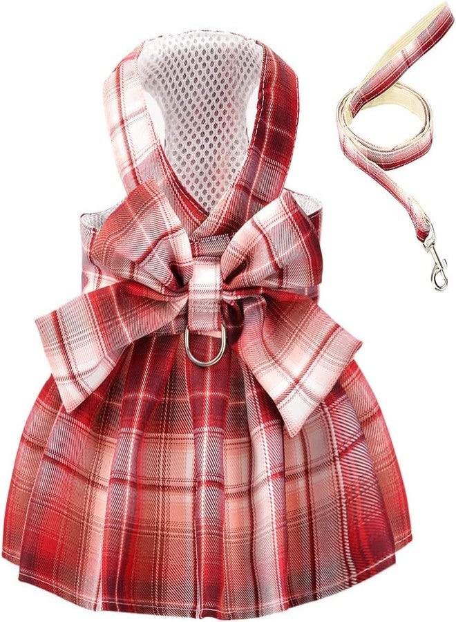 PETANGEL Plaid Dog Dress Bow Tie Harness Leash Set Harness Dress for Small Dogs,D Ring Outfits for Pet Skirt Doggy Puppies Harness Vest Outdoor for Small Dogs (Size: 2XL, Adjustable Bust: 55cm) - Image 1