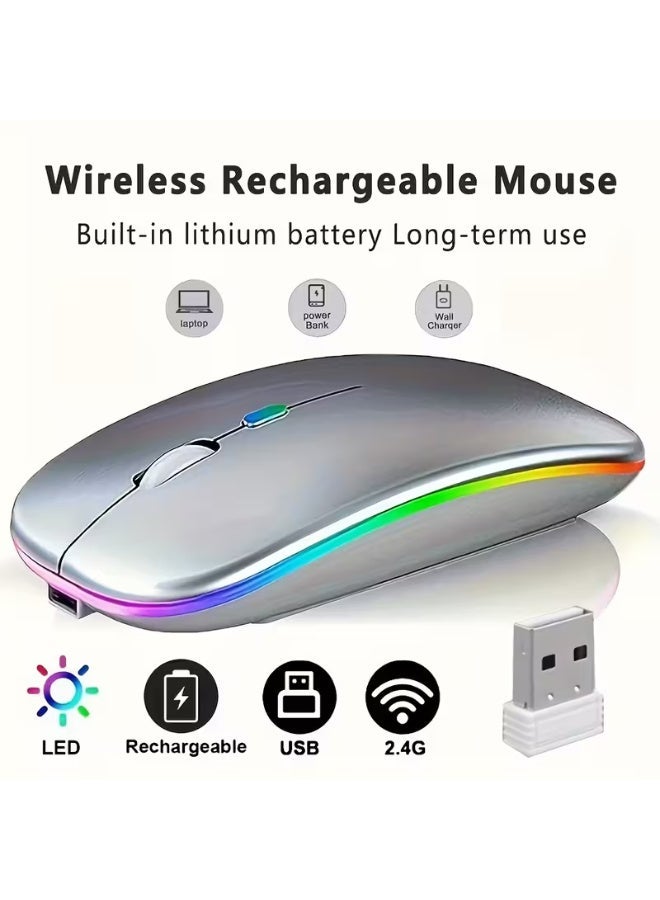 ماوس لاسلكي LED قابل لإعادة الشحن، ماوس صامت رفيع 2.4 جيجاهرتز، ماوس مكتب بصري محمول مع مستقبل USB وType-C لأجهزة الكمبيوتر المحمولة والكمبيوتر الشخصي والكمبيوتر المحمول والكمبيوتر المكتبي - Image 1