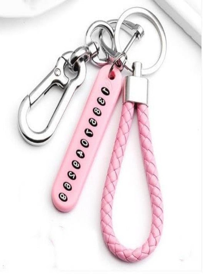 MAAGHI Anti-Lost Car Braided Leather Keychain with Phone Number Pendant | Durable Braided Leather | Universal Keyring for Car, Bike & Home Keys (PINK) - Image 1
