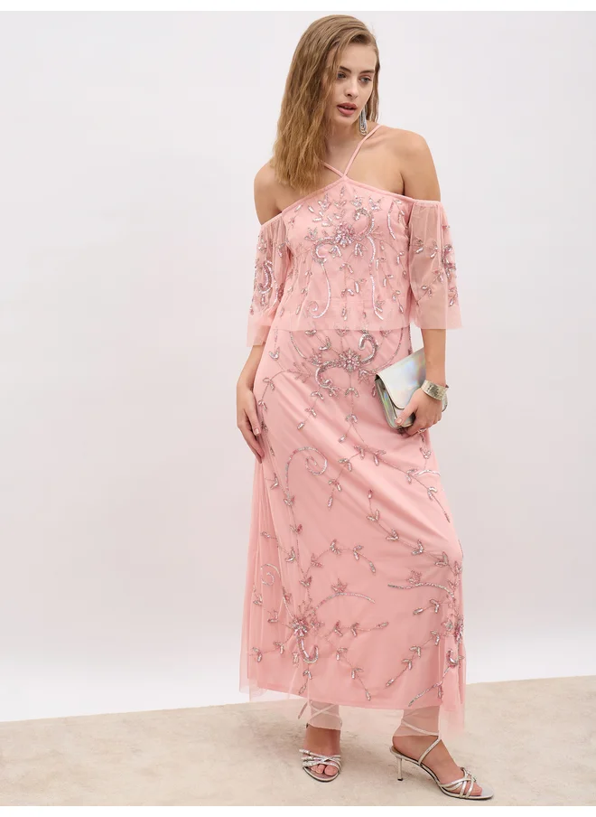 ستايلي Styli Embellished Halter Neck Cape Sleeve Mermaid Maxi Dress