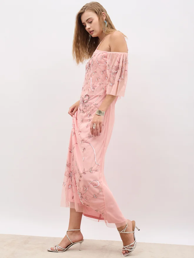Styli Embroidered Tulle Maxi Dress