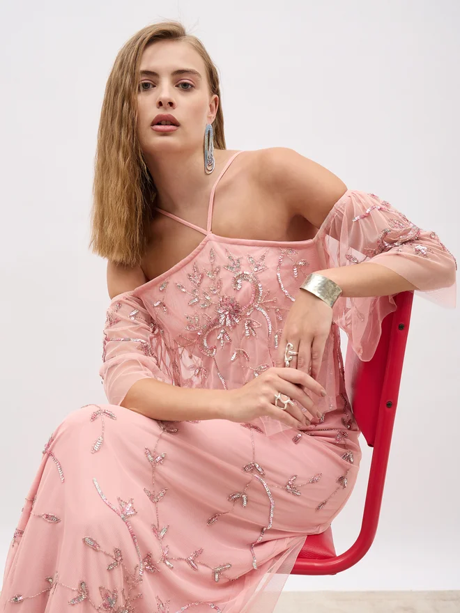 Styli Embroidered Tulle Maxi Dress