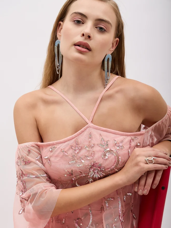 Styli Embroidered Tulle Maxi Dress
