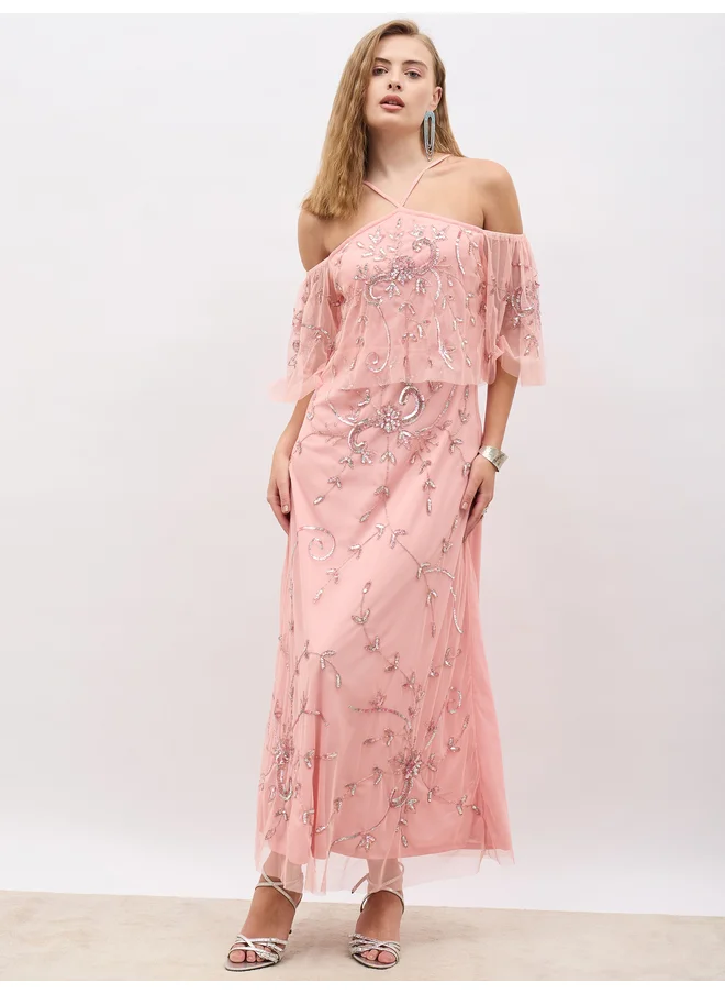 ستايلي Styli Embellished Halter Neck Cape Sleeve Mermaid Maxi Dress