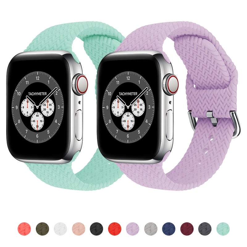 Braided Silicone Watch Band with Buckle For Apple Watch Series 9&8&7 41mm / SE 3&SE 2&6&SE&5&4 40mm / 3&2&1 38mm(Bright Pink)