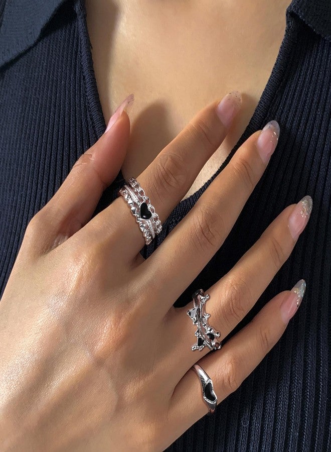 Sanfenly 15 Pcs Y2k Rings For Women Irregular Adjustable Open Ring Vintage Punk Grunge Gothic Goth Moonstone Star Thorn Heart Cross Bud Bow Ring Set - Image 3