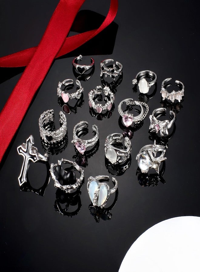 Sanfenly 15 Pcs Y2k Rings For Women Irregular Adjustable Open Ring Vintage Punk Grunge Gothic Goth Moonstone Star Thorn Heart Cross Bud Bow Ring Set - Image 5