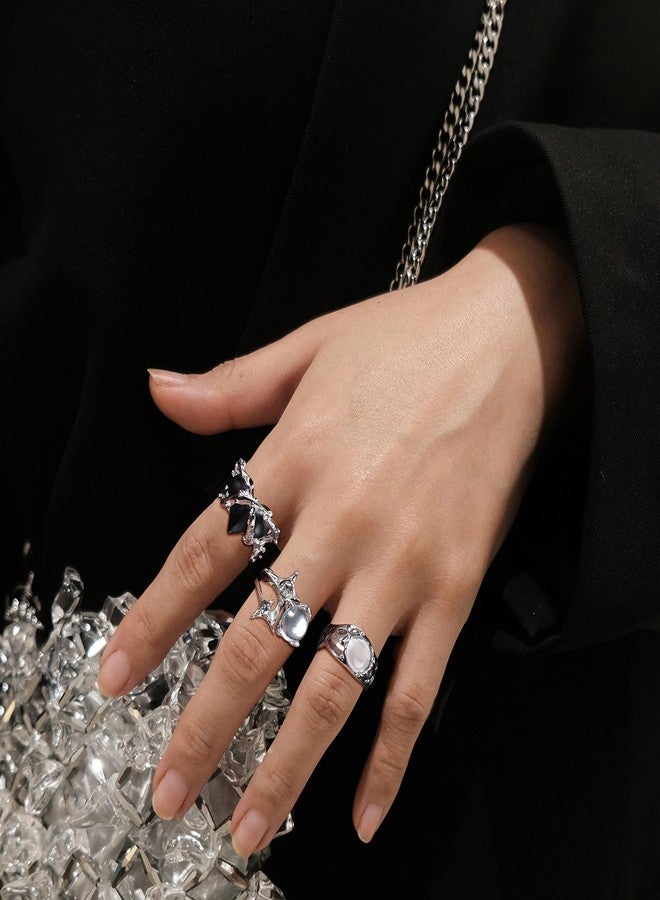 Sanfenly 15 Pcs Y2k Rings For Women Irregular Adjustable Open Ring Vintage Punk Grunge Gothic Goth Moonstone Star Thorn Heart Cross Bud Bow Ring Set - Image 2