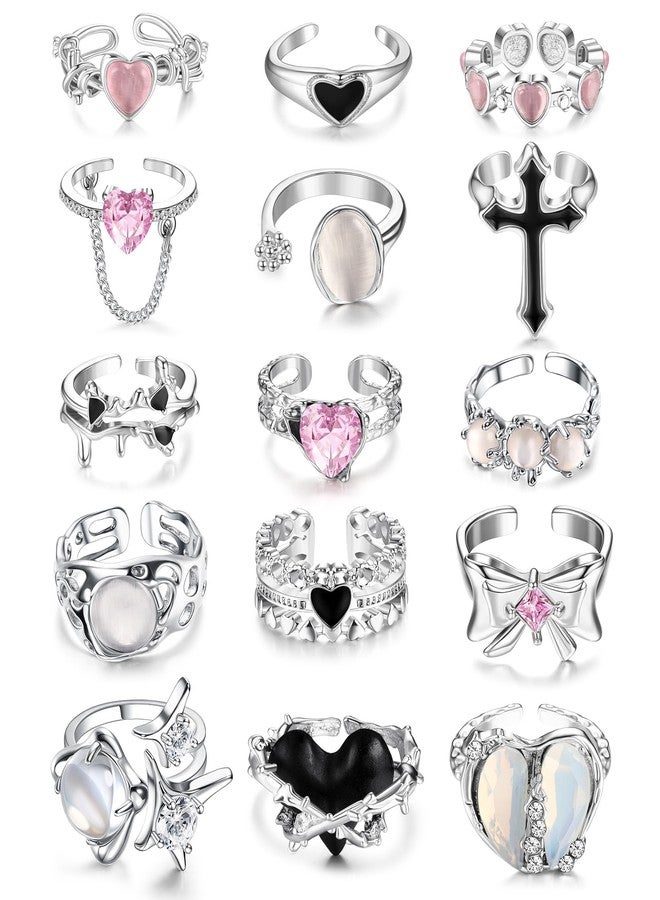 Sanfenly 15 Pcs Y2k Rings For Women Irregular Adjustable Open Ring Vintage Punk Grunge Gothic Goth Moonstone Star Thorn Heart Cross Bud Bow Ring Set - Image 1