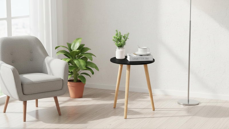FENDI HOME Round Wooden Side Table, 40cm Beech and MDF Melamine, Nightstand with PVC Top, Modern Accent Table for Living Room and Bedroom (Black) - Image 4