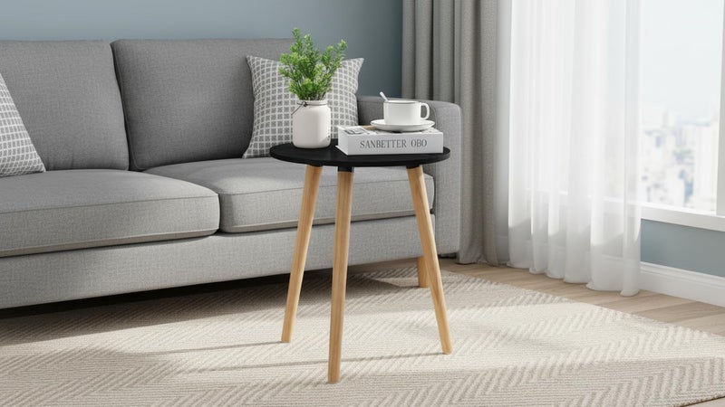 FENDI HOME Round Wooden Side Table, 40cm Beech and MDF Melamine, Nightstand with PVC Top, Modern Accent Table for Living Room and Bedroom (Black) - Image 5