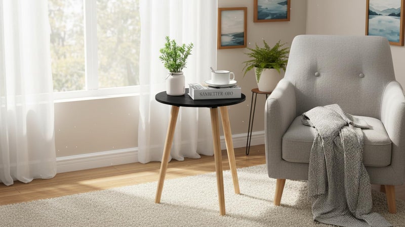 FENDI HOME Round Wooden Side Table, 40cm Beech and MDF Melamine, Nightstand with PVC Top, Modern Accent Table for Living Room and Bedroom (Black) - Image 3