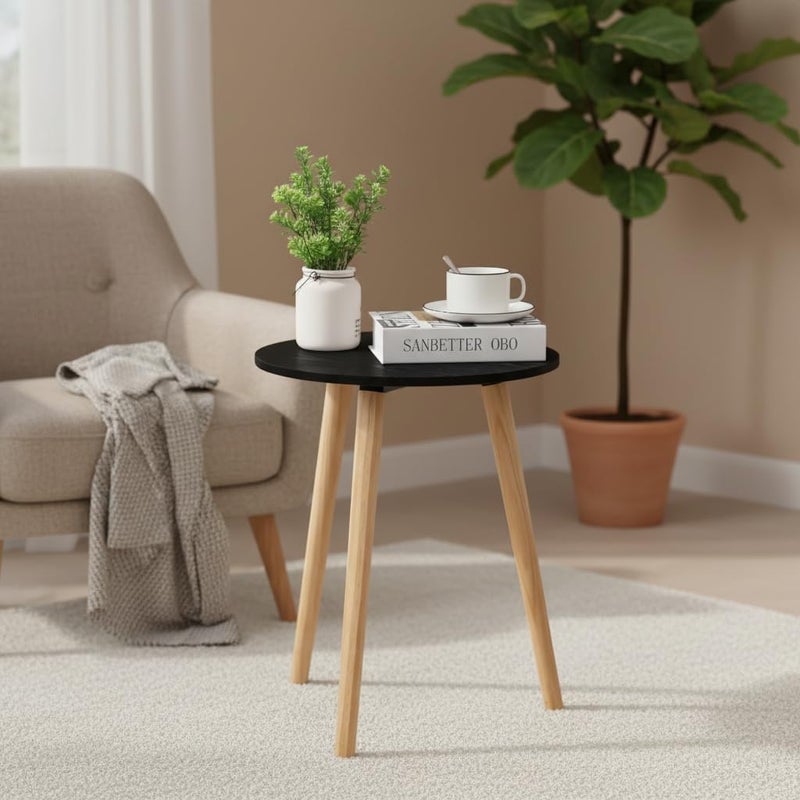 FENDI HOME Round Wooden Side Table, 40cm Beech and MDF Melamine, Nightstand with PVC Top, Modern Accent Table for Living Room and Bedroom (Black) - Image 1