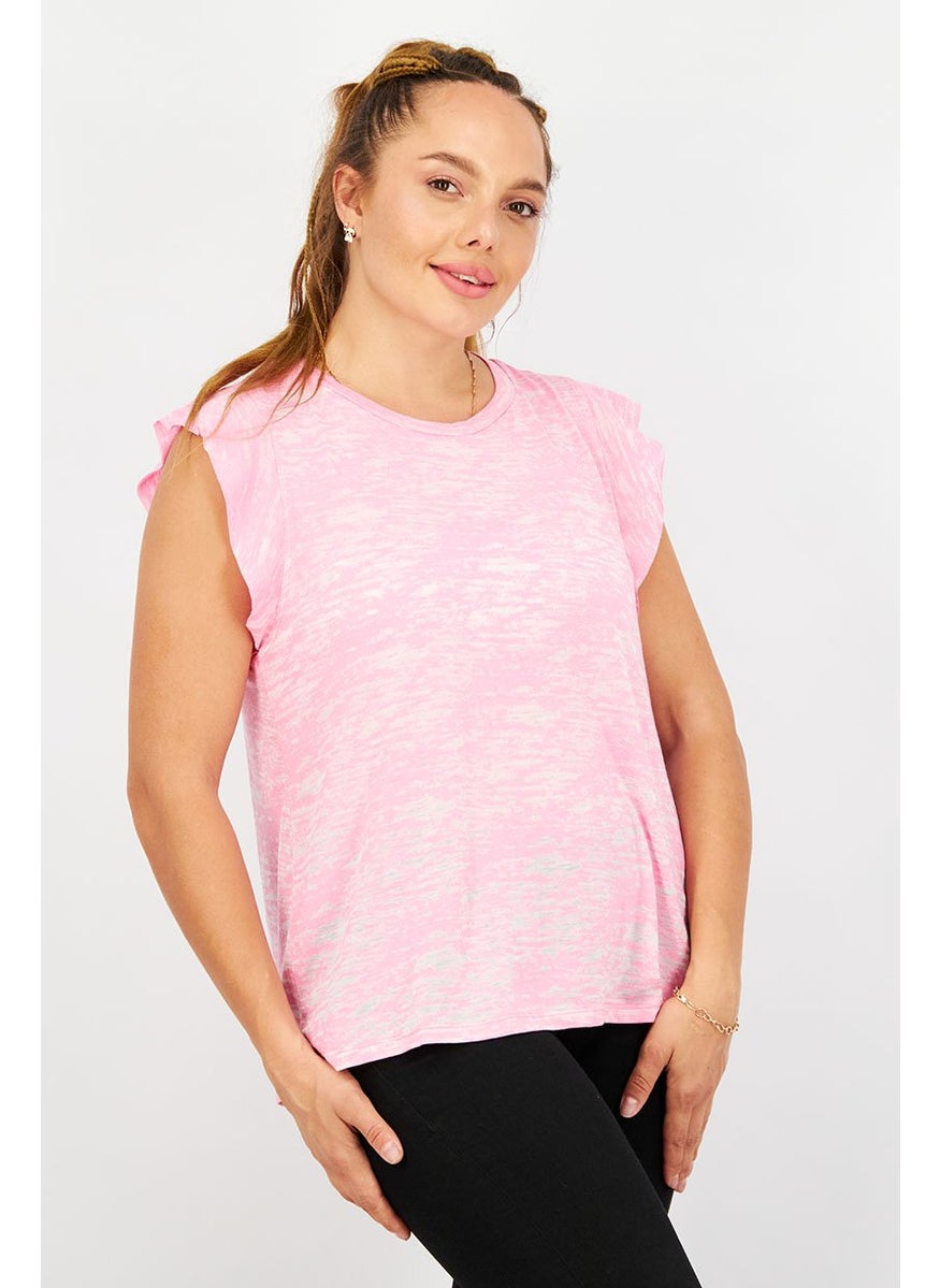 Betsey Johnson - Women Round Neckline Ruffle Sleeve Tie Dye Top, Pink - Image 1