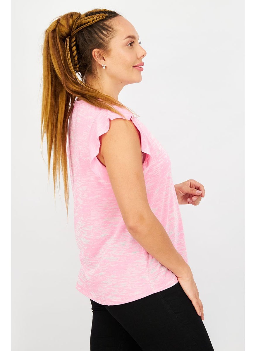 Betsey Johnson - Women Round Neckline Ruffle Sleeve Tie Dye Top, Pink - Image 1