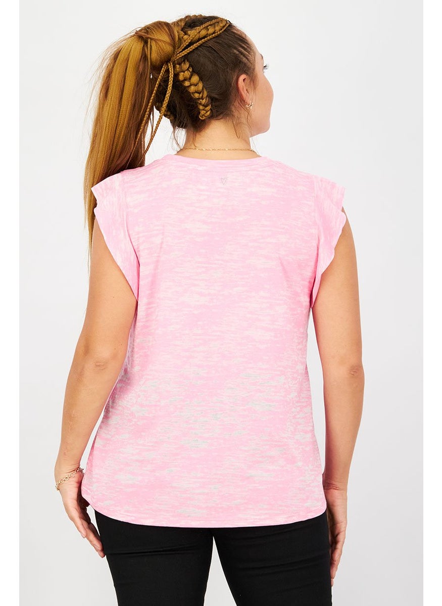 Betsey Johnson - Women Round Neckline Ruffle Sleeve Tie Dye Top, Pink - Image 1