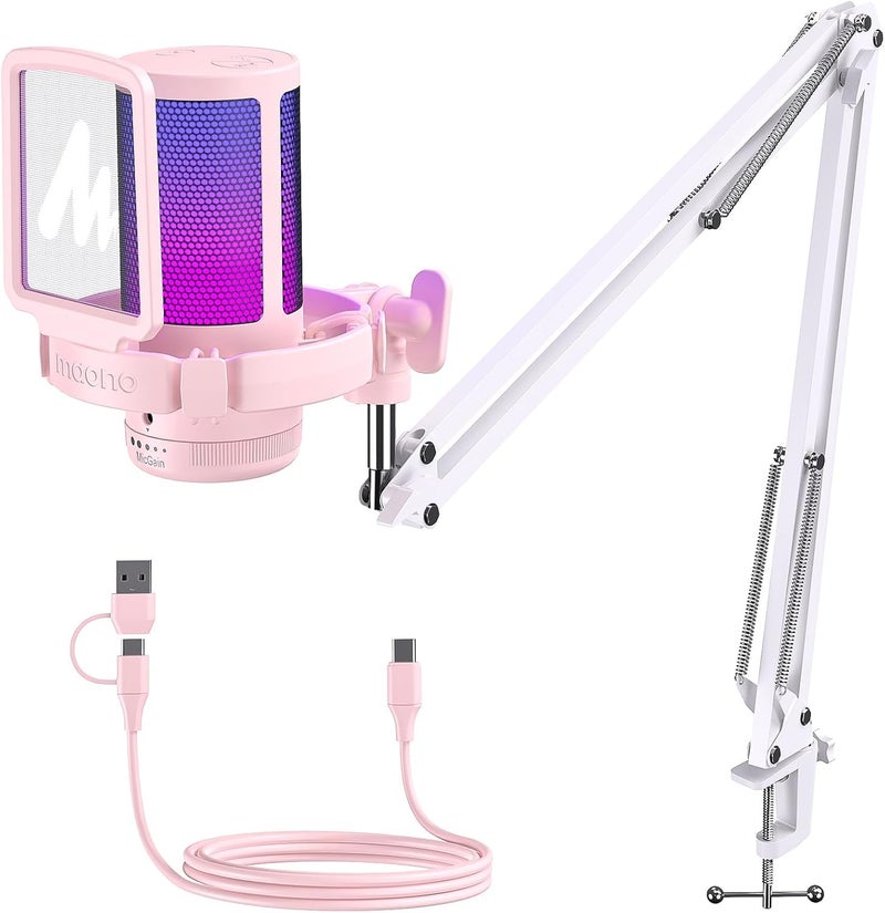 MAONO USB Gaming Microphone with Noise Cancellation, Computer PC Condenser Mic with RGB Light, Mute, Gain, Monitoring for Streaming, Podcast, YouTube, Twitch, Discord, PS5/4, GamerWave DGM20S Pink - Image 1