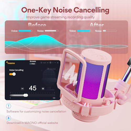 MAONO USB Gaming Microphone with Noise Cancellation, Computer PC Condenser Mic with RGB Light, Mute, Gain, Monitoring for Streaming, Podcast, YouTube, Twitch, Discord, PS5/4, GamerWave DGM20S Pink - Image 2