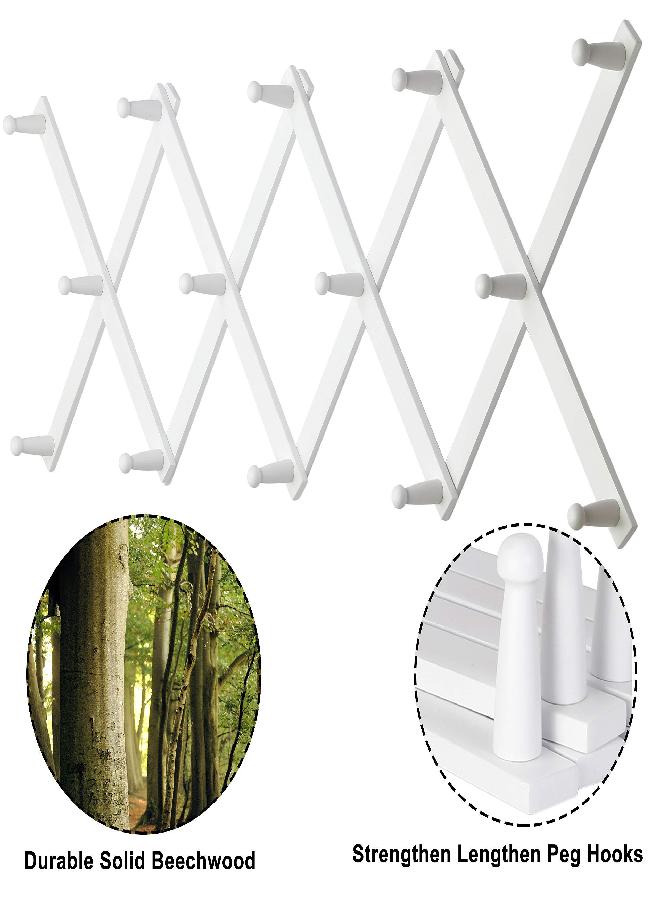 Dseap Dseap Accordian Wall Hanger: 16” High Wooden Wall Expandable Coat Rack, Hat Rack Holder, Accordion Hook for Baseball Caps, Coats, Mugs, 13 Peg Hooks, White  - Image 1