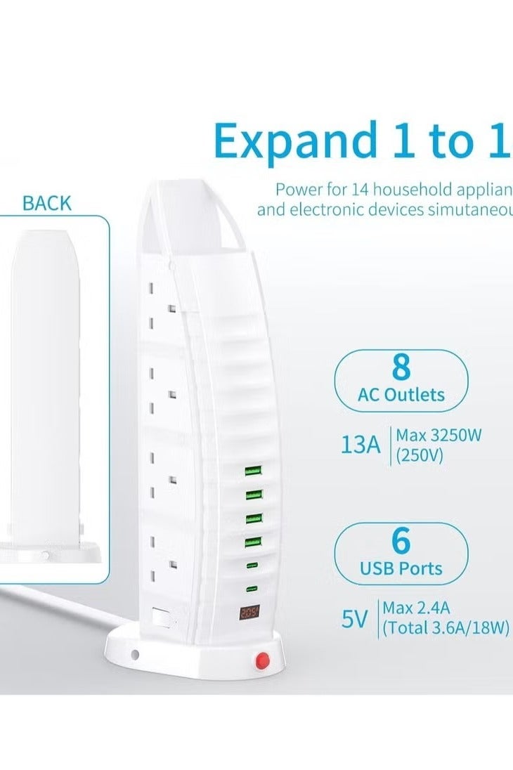 Tower Extension Lead with USB – 8 Way Outlets & 6 USB Ports (2 Type-C, 4 USB) – 3.6A Vertical Power Strip with 2M Cable - Image 2