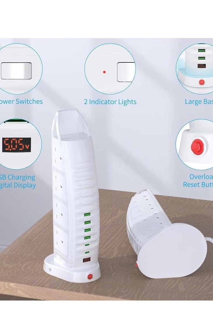 Tower Extension Lead with USB – 8 Way Outlets & 6 USB Ports (2 Type-C, 4 USB) – 3.6A Vertical Power Strip with 2M Cable - Image 3