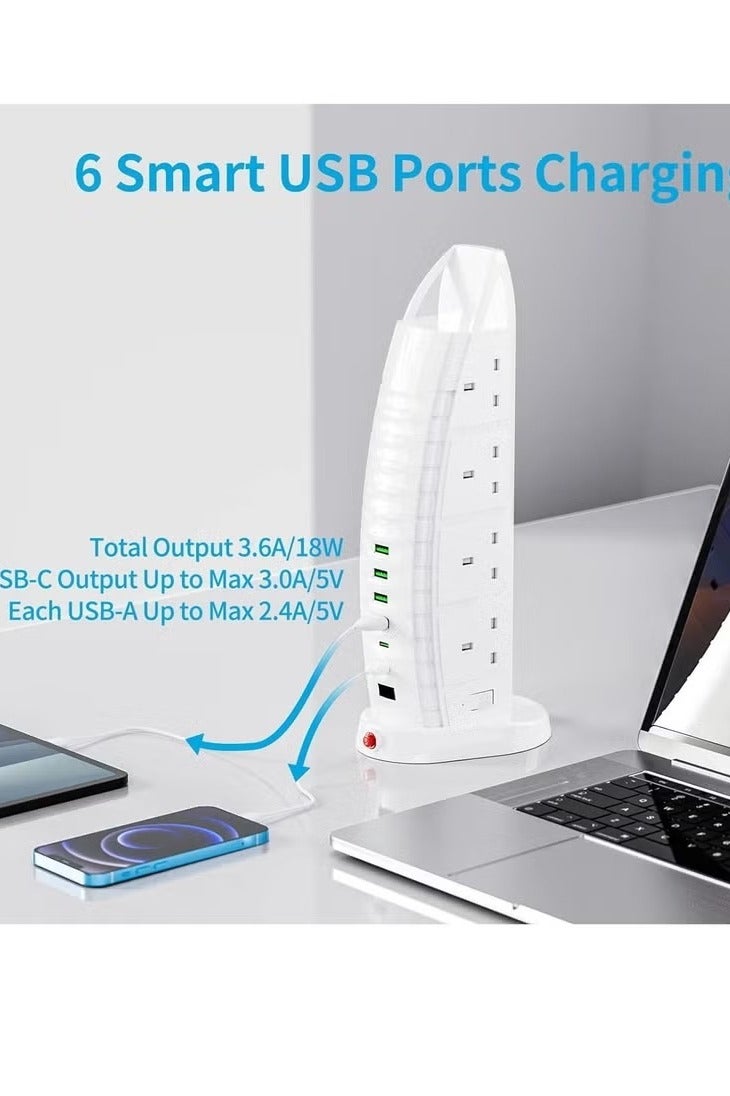 Tower Extension Lead with USB – 8 Way Outlets & 6 USB Ports (2 Type-C, 4 USB) – 3.6A Vertical Power Strip with 2M Cable - Image 4