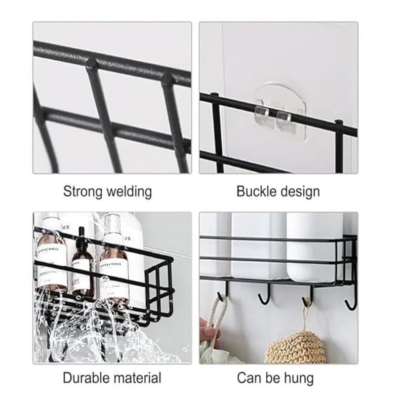 DUDSCOG Stainless Steel Bathroom Shelf with 4 Hooks - Self-Adhesive Wall-Mounted Organizer for Towels, Space-Saving Elegant Design for Bathroom Storage - Image 3