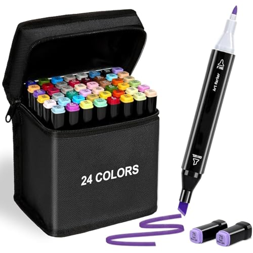 VARIYA ENTERPRISE Dual Tip Colorful Art Markers Sketch Pens 24, 48 Colors With Carrying Case For Painting Sketching Calligraphy Drawing -Twin Head Permanent Colouring Marker Pens For Kids Adult (24) - Image 1