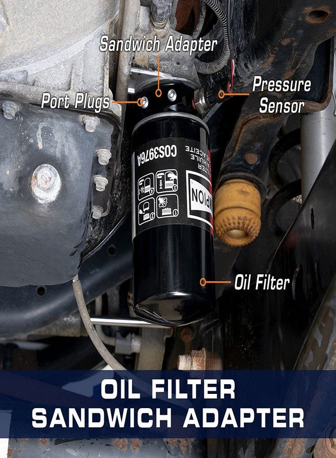 GLOWSHIFT محول فلتر زيت GlowShift متوافق مع فورد سوبر ديوتي 6.7 لتر باور ستروك 2011-2022 - تركيب ما يصل إلى (4) مستشعرات ضغط ودرجة حرارة الزيت 1/8-27 NPT - يتضمن حلقة مانعة للتسرب وسدادات للمنافذ - Image 2