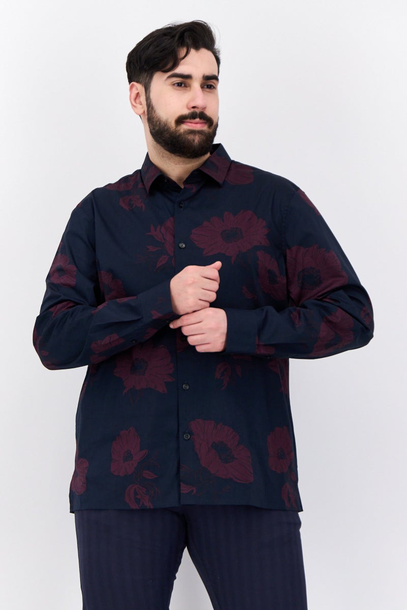 PERRY ELLIS Men Stretch Fit Floral Pattern Long Sleeves Casual - Main Image