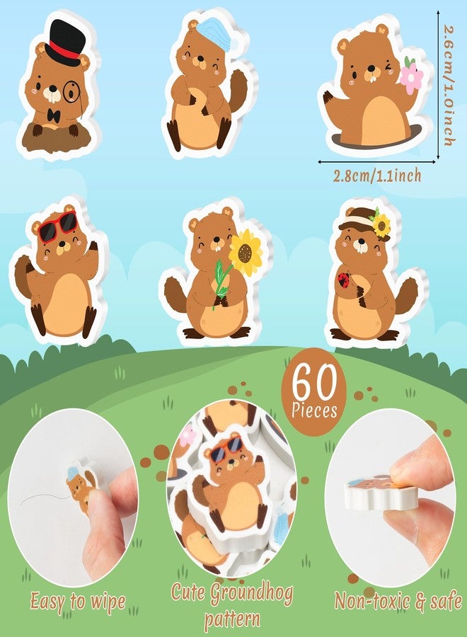 ANGOLIO Groundhog Mini Erasers for Kids - 60Pcs Groundhog Day Spring Cartoon Animal Dormouse Pencil Erasers 3D Desk Puzzle Stationery Gifts Student Classroom Rewards Game Prizes Party Goody Bag Filler - Image 2
