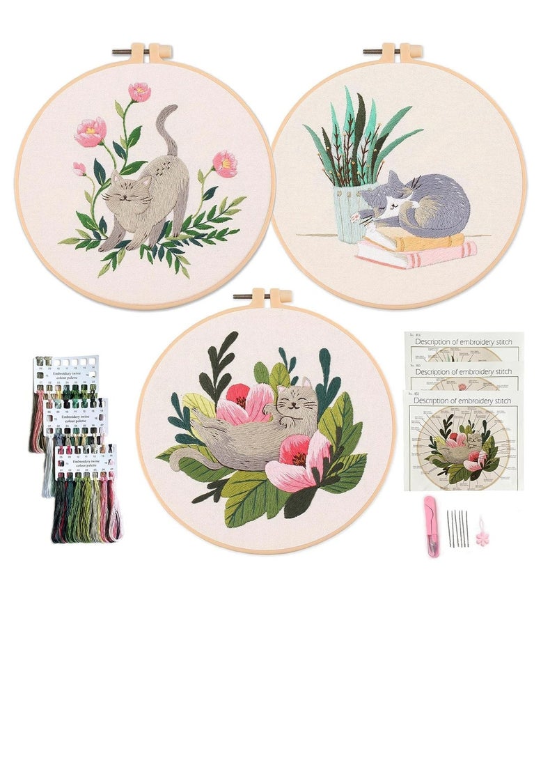 FengSVMA 3 Pack Embroidery Kit for Beginners with Pattern, Cross Stitch Kits for Adults with Instructions,Needlepoint Kits for Adults Include 1 Embroidery Hoops,Color Threads and Needles - Image 1