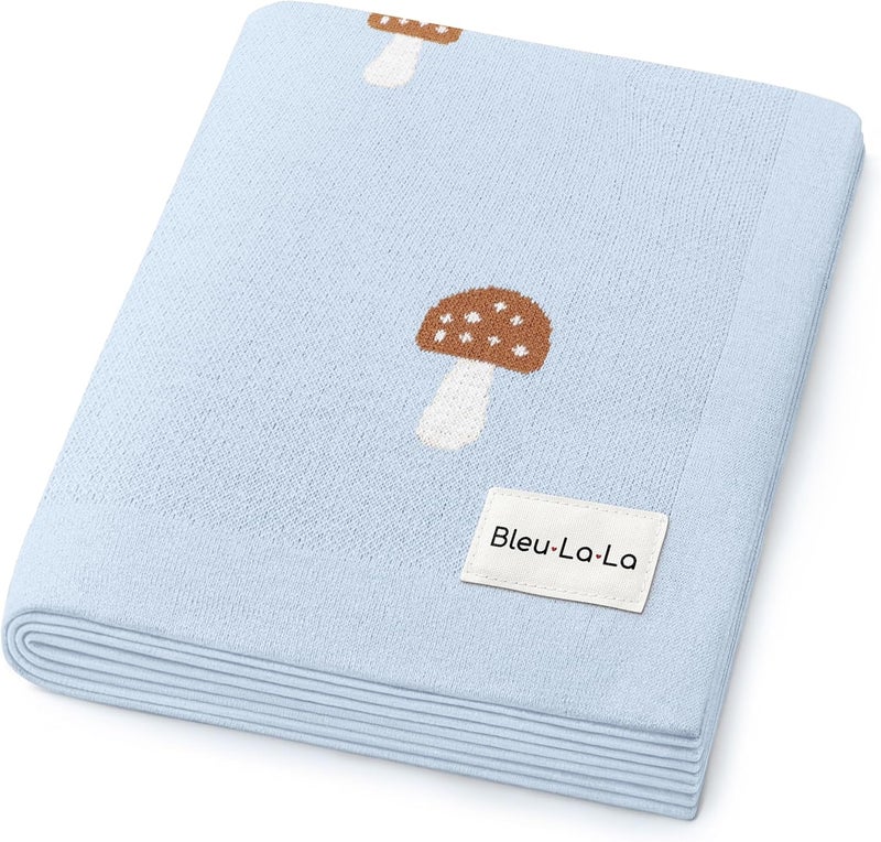 Bleu La La بطانية لف أطفال محبوكة للبنات والأولاد 100% قطن ناعمة كالزبدة دافئة ومريحة استقبال سرير عربة أطفال لحاف هديفة لسجل هدايا الاستحمام للمواليد الجدد والرضع والأطفال الصغار (فطر - أزرق) - Image 1