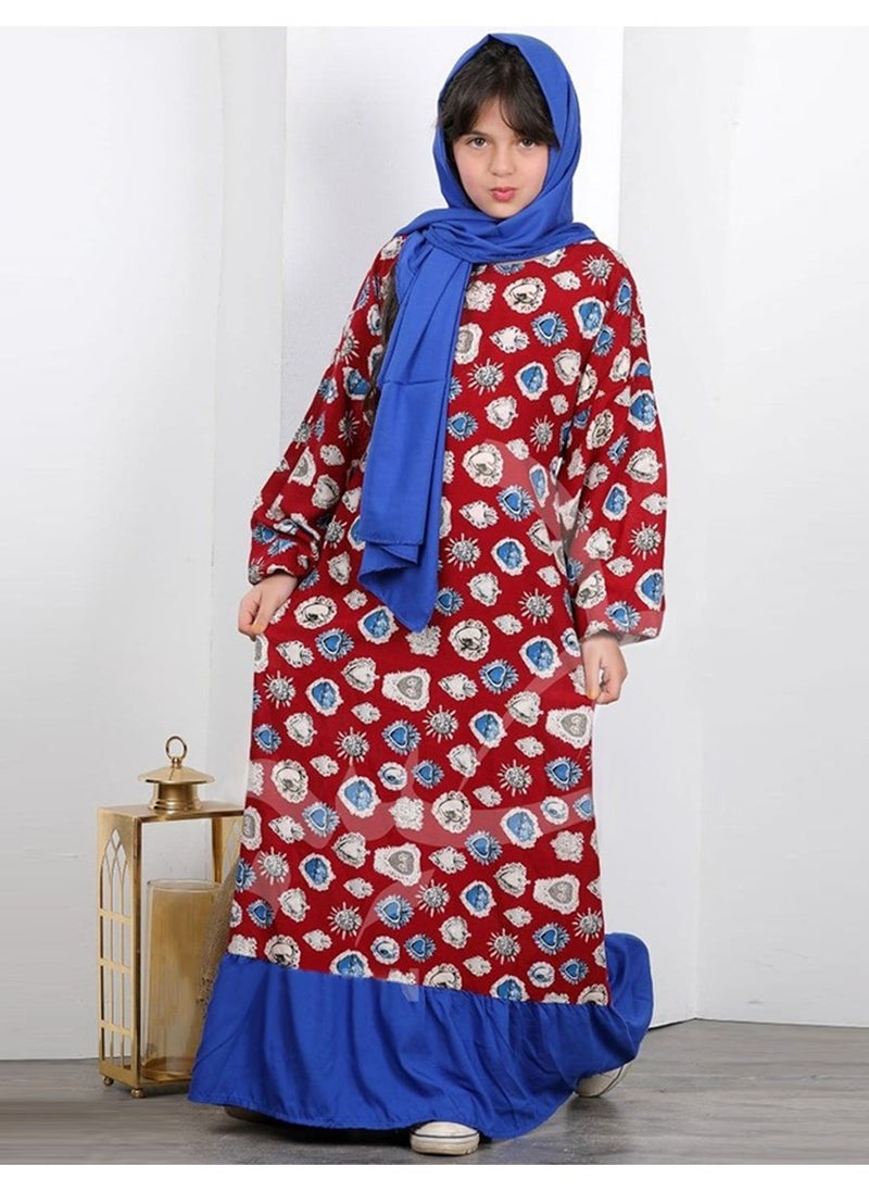 FULL JOY - Girls' Prayer Dress Made Of Viscose Cotton With A Veil ,Blue -Red - Image 1