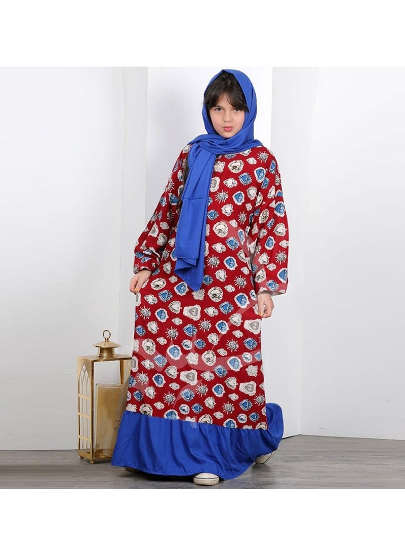 FULL JOY - Girls' Prayer Dress Made Of Viscose Cotton With A Veil ,Blue -Red - Image 1