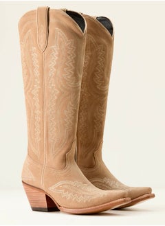 Loquat Cowboy Boots For Women Western Embroidered Cowgirl Boots Chunky Heel Wide Tube Boots Pull on Pointy Toe Vintage Boots Suede Brown 