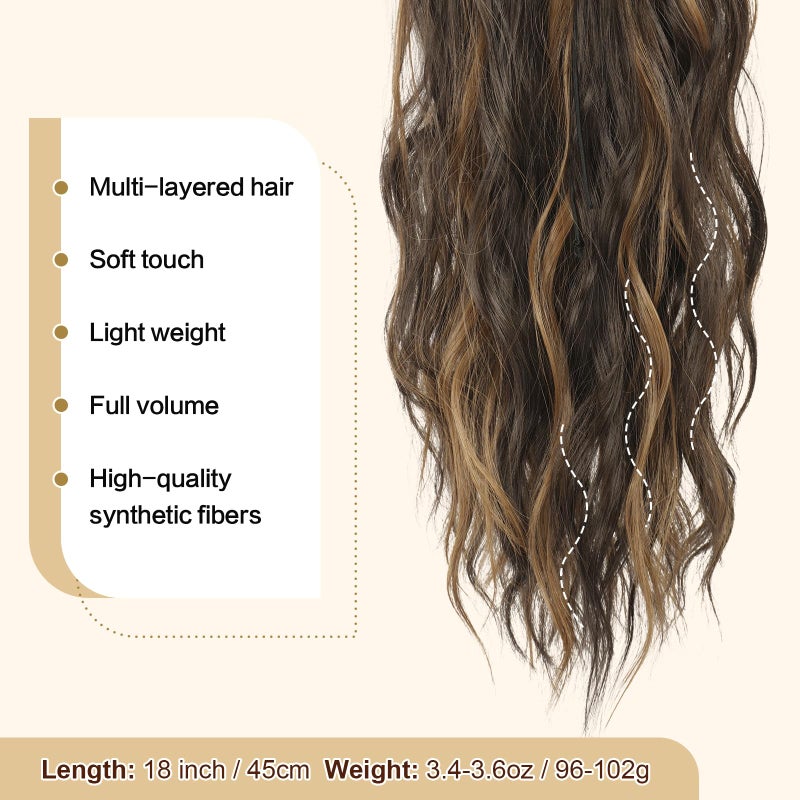 FESHFEN Ponytail Extensions - Drawstring Ponytails Hair Extension Long Curly Wavy Hair Piece Synthetic Pony Tail Hairpieces for Women, Black Brown Mix Golden Blond 18 inch - Image 4