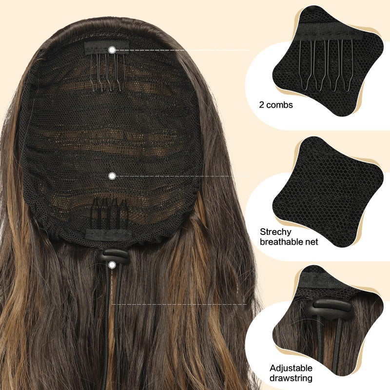 FESHFEN Ponytail Extensions - Drawstring Ponytails Hair Extension Long Curly Wavy Hair Piece Synthetic Pony Tail Hairpieces for Women, Black Brown Mix Golden Blond 18 inch - Image 3