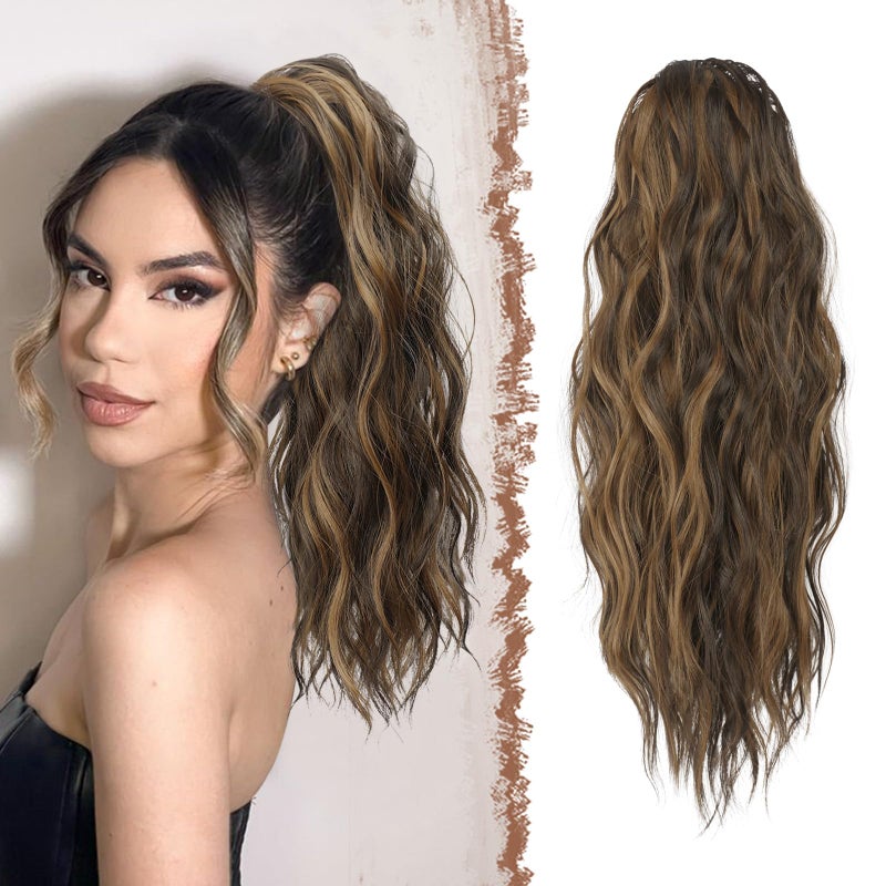 FESHFEN Ponytail Extensions - Drawstring Ponytails Hair Extension Long Curly Wavy Hair Piece Synthetic Pony Tail Hairpieces for Women, Black Brown Mix Golden Blond 18 inch - Image 1