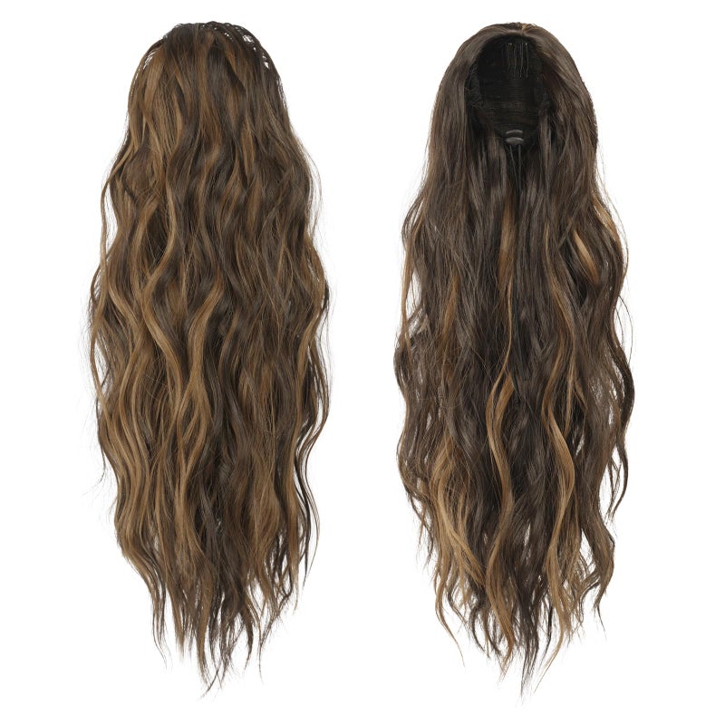 FESHFEN Ponytail Extensions - Drawstring Ponytails Hair Extension Long Curly Wavy Hair Piece Synthetic Pony Tail Hairpieces for Women, Black Brown Mix Golden Blond 18 inch - Image 2